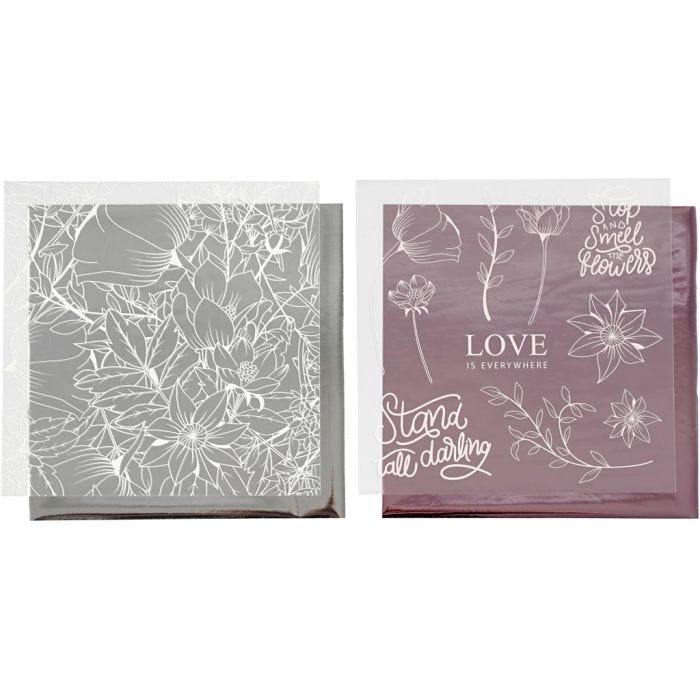 Film décoratif et feuille de papier transfert, fleurs, feuille 15x15 cm, rose, argent, 4flles/ 1 Pq.