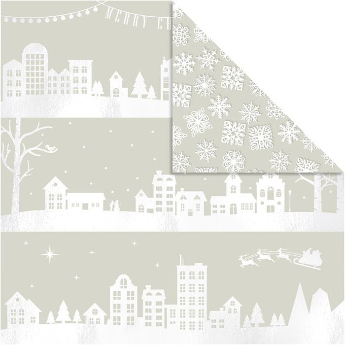 Papier design, maisons et flocons de neige, feuille 30,5x30,5 cm, 180 gr, 3flles/ 1 Pq.