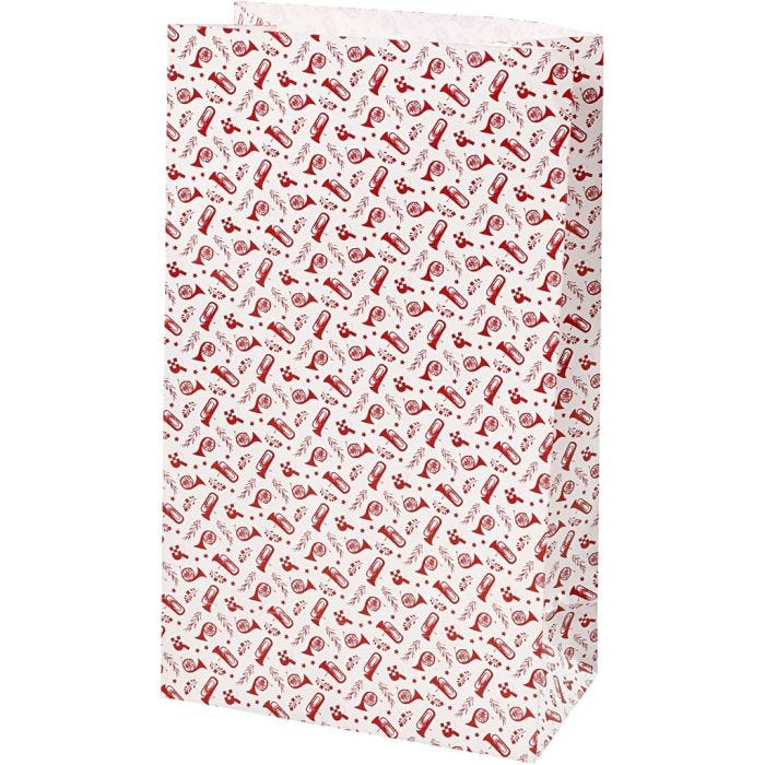 Sac en papier, trompette, H : 21 cm, dim. 6x12 cm, 80 gr, rouge, blanc, 8pièces/ 1 Pq.