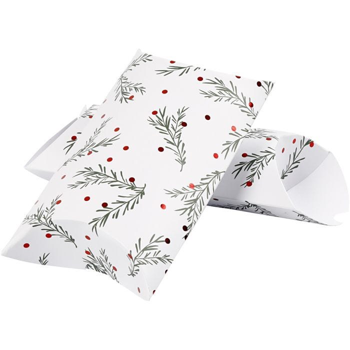 Boîte d'emballage à plier, branche d'épinette avec boules de Noël, dim. 18x15x6 cm, 300 gr, vert, rouge métallique, blanc, 3 pièces/ 1 Pq.