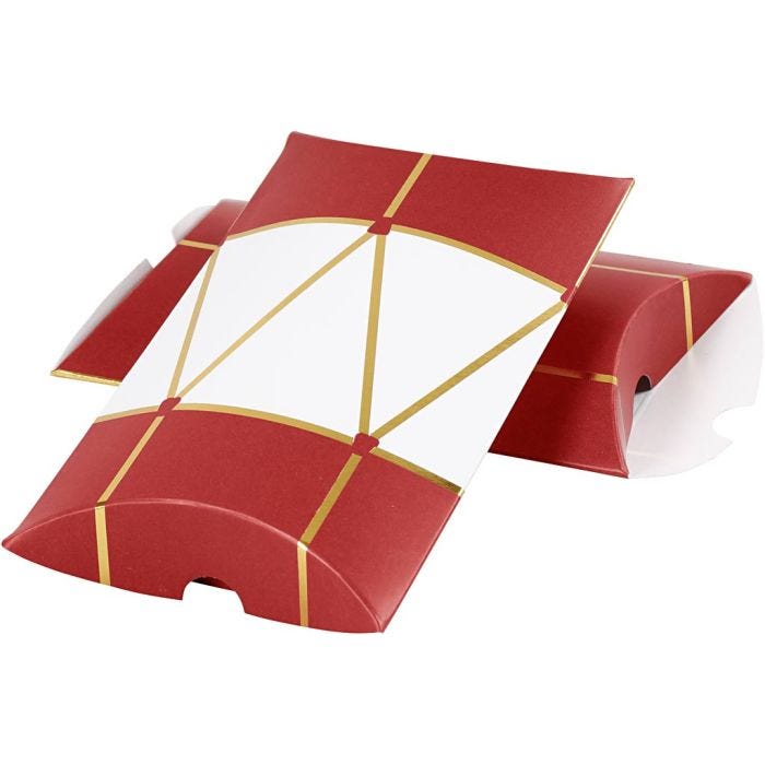Boîte d'emballage à plier, tambour, dim. 12x9,4x2,5 cm, 300 gr, or, rouge, blanc, 3 pièces/ 1 Pq.