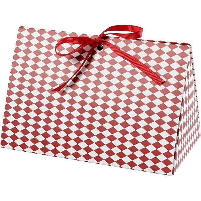 Boîte cadeau à plier, Motif arlequin, dim. 15x7x8 cm, 250 gr, rouge, blanc, 3pièces/ 1 Pq.
