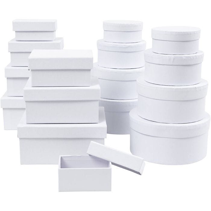 Boîtes , H : 3,5+4,5+5,5+6,5 cm, dim. 8,5x11,5+11x14 cm, Le contenu peut varier , blanc, 16pièces/ 1 Pq.