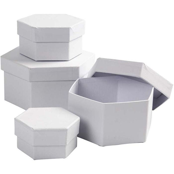 Boîtes Hexagonales, H : 4+5+6+7 cm, d 6,5+8+10+12 cm, blanc, 4pièces/ 1 set