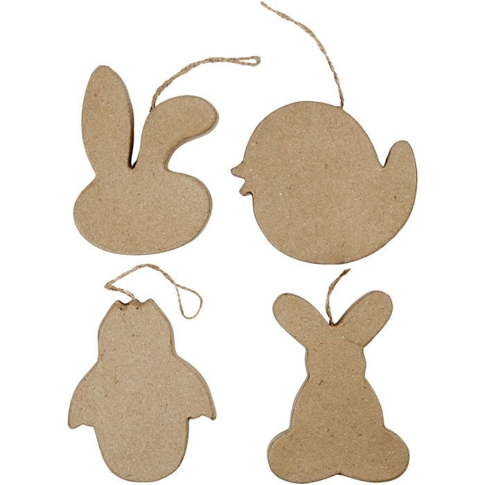 Décoration de Pâques à suspendre, tête de lapin, poulet, poulet en oeuf et lapin, H : 10 cm, 4pièces/ 1 Pq.