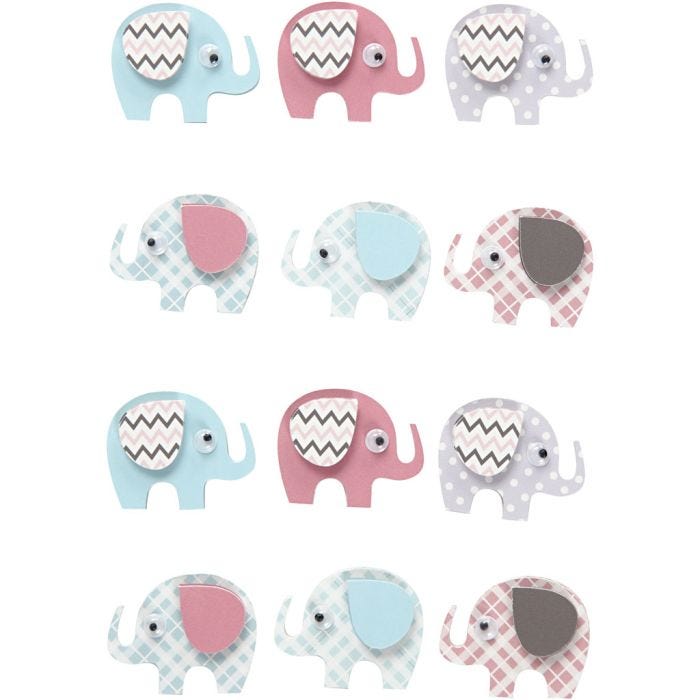 Autocollants 3D, éléphants, H : 25 mm, L : 31 mm, ép. 7 mm, 12pièces/ 1 Pq.