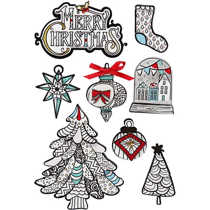 Autocollants 3D, motifs de Noël, H : 32-80 mm, L : 25-65 mm, 8 pièces/ 1 Pq.