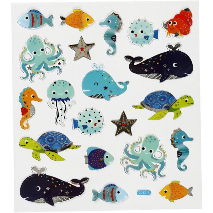 Autocollants, animaux marins, feuille 15x16,5 cm, 1 flles