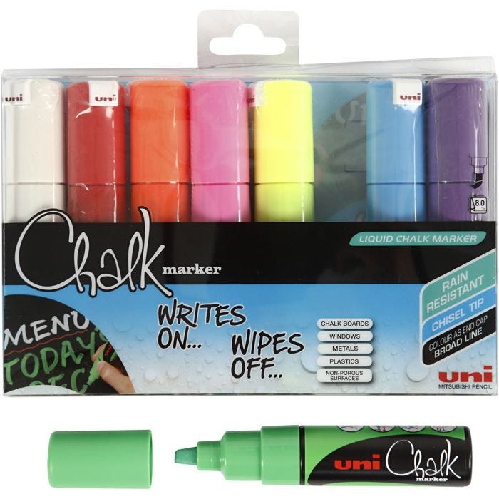 Feutre à craie, chalk, trait 8 mm, ass. de couleurs, 8 pièces/ 1 Pq.