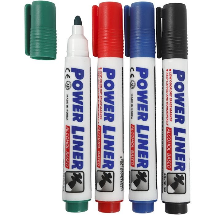 Feutres pour tableau blanc, trait 4 mm, noir, bleu, vert, rouge, 4 pièces/ 1 Pq.
