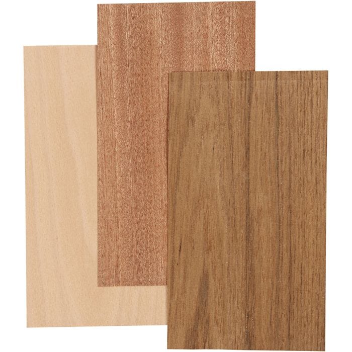 Feuilles de Placage en Bois, feuille 12x22 cm, ép. 0,75 mm, 3 flles/ 1 Pq.
