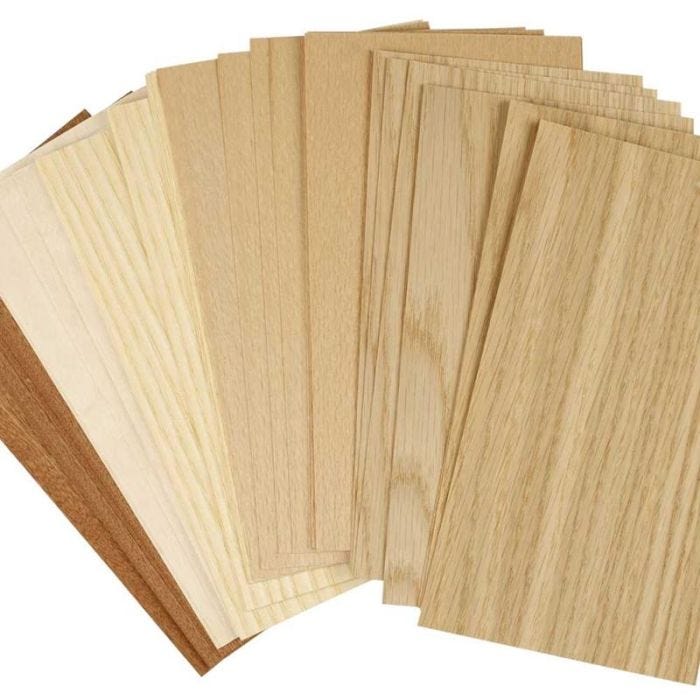 Feuilles de Placage en Bois, feuille 12x22 cm, ép. 0,75 mm, 30 flles ass./ 1 Pq.