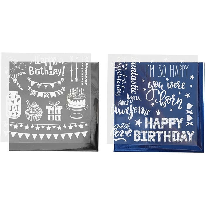 Film décoratif et feuille transfert, anniversaire, feuille 15x15 cm, bleu foncé, argent, 2x2 flles/ 1 Pq.