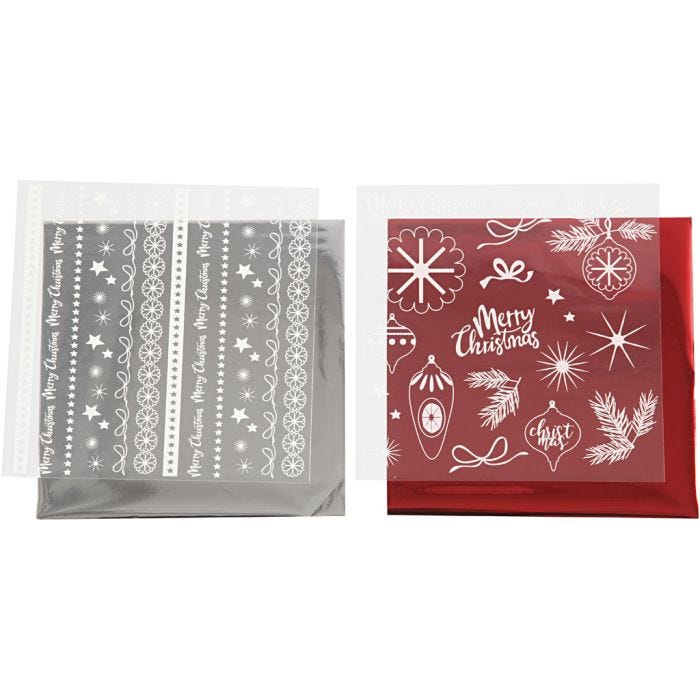 Film décoratif et feuille transfert, Noël magique, feuille 15x15 cm, rouge, argent, 2x2 flles/ 1 Pq.