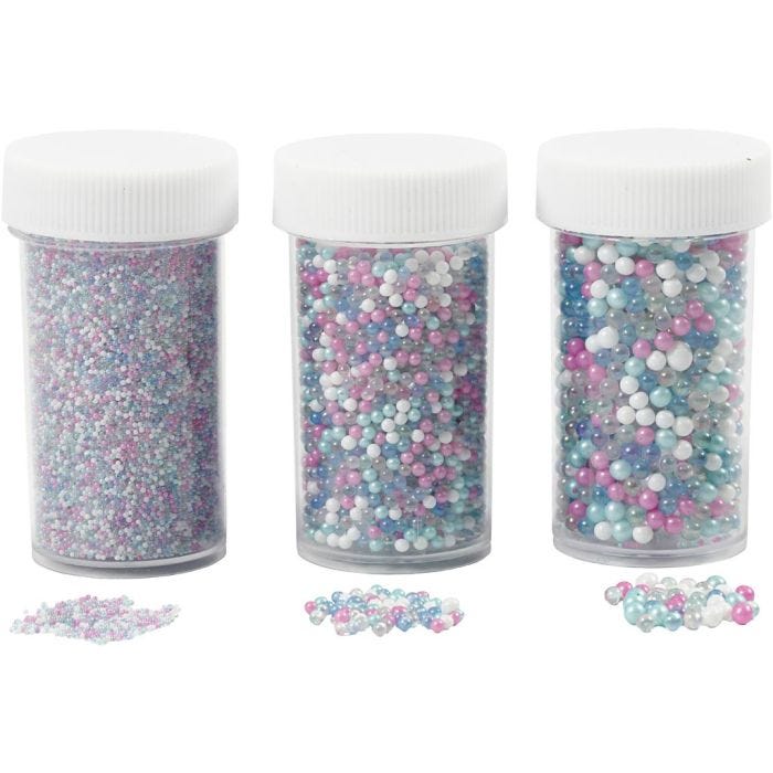 Mini Perles de Verre, dim. 0,6-0,8+1,5-2+3 mm, couleurs pastel, 3x45gr/ 1 Pq.