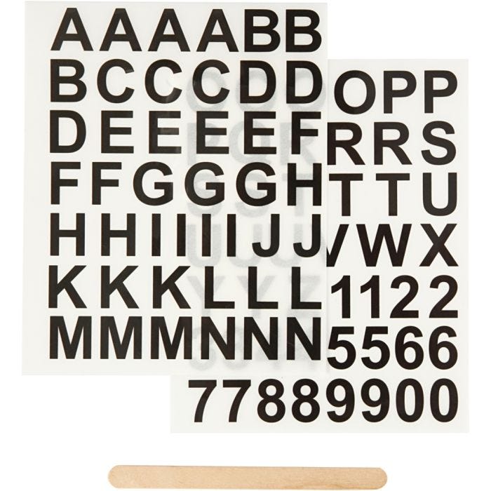 Décalcomanies, lettres et chiffres, H : 17 mm, L : 17 mm, feuille 12,2x15,3 cm, noir, 1 Pq.