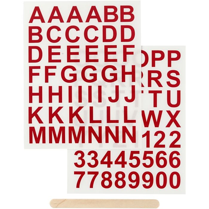 Décalcomanies, lettres et chiffres, H : 17 mm, L : 17 mm, feuille 12,2x15,3 cm, rouge, 1 Pq.