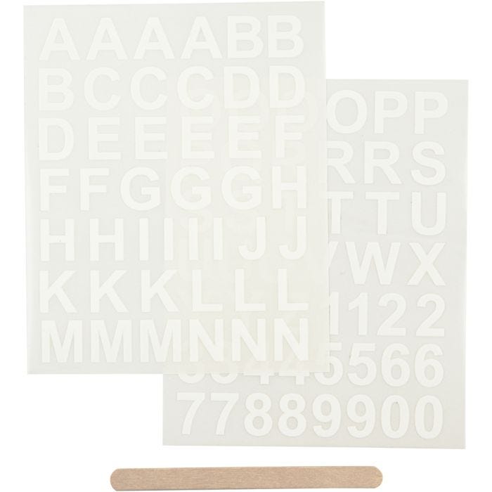 Décalcomanies, lettres et chiffres, H : 17 mm, L : 17 mm, feuille 12,2x15,3 cm, blanc, 1 Pq.
