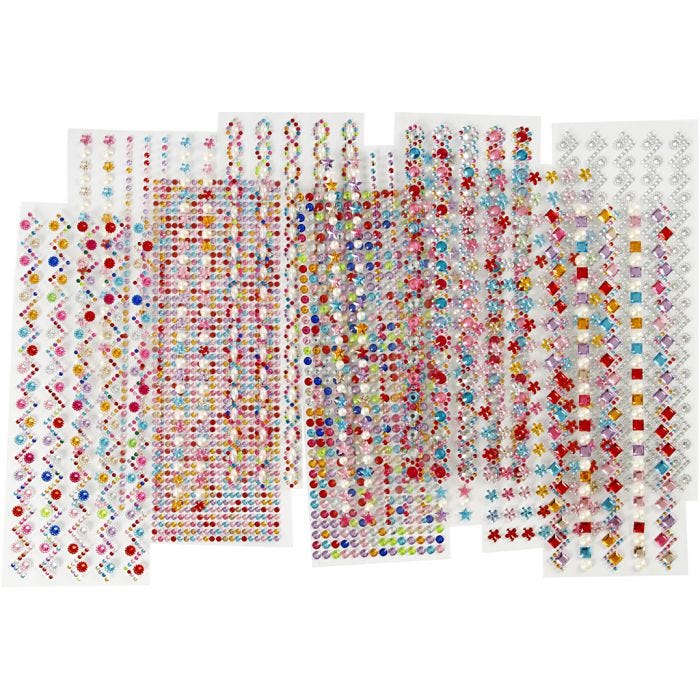 Pierres de strass, d 2-10 mm, feuille 27x9 cm, Le contenu peut varier , 12flles ass./ 1 Pq.