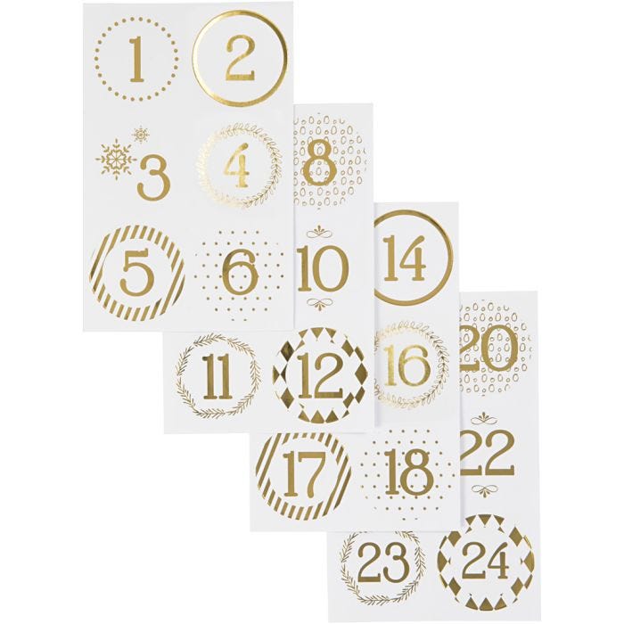 Chiffres autocollant de calendrier de l'Avent, d 40 mm, feuille 9x14 cm, or, blanc, 4flles/ 1 Pq.