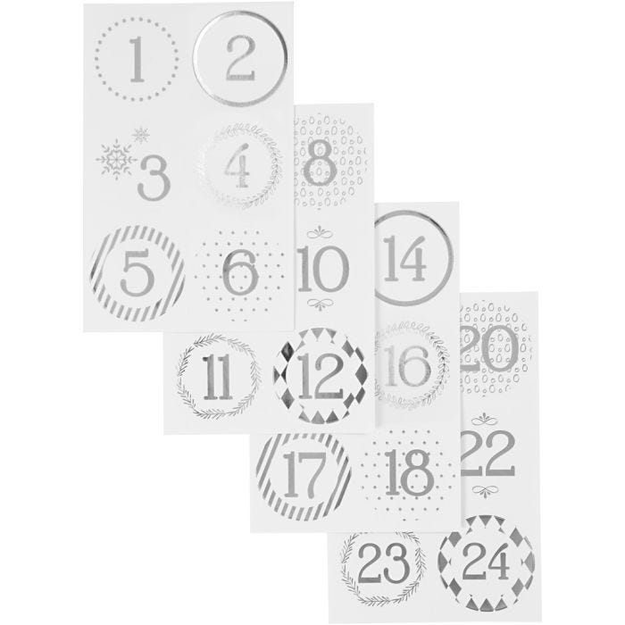 Chiffres autocollant de calendrier de l'Avent, d 40 mm, feuille 9x14 cm, argent, blanc, 4flles/ 1 Pq.