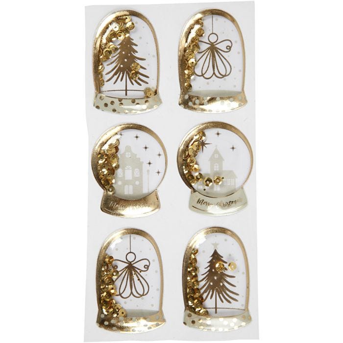 Autocollants à secouer, ange, arbre et maisons, dim. 49x32+45x36 mm, or, 6pièces/ 1 Pq.