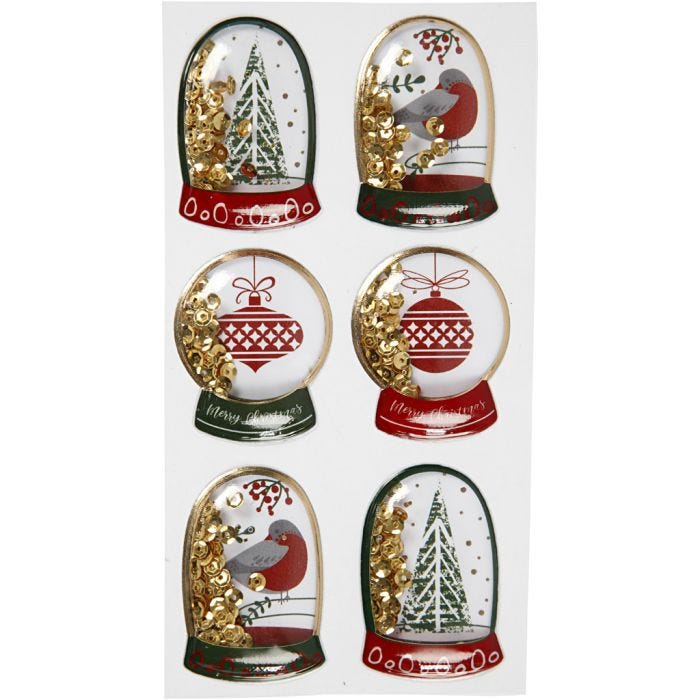 Autocollants à secouer, oiseau, arbre et boules de Noël, dim. 49x32+45x36 mm, or, 6pièces/ 1 Pq.