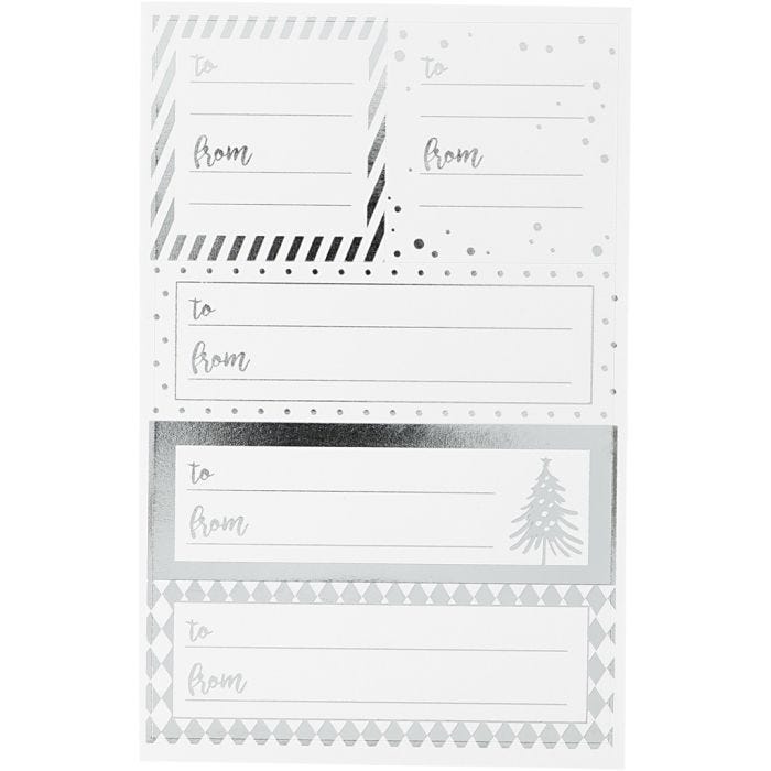Autocollants, feuille 9x14 cm, dim. 42x39+84x29 mm, argent, blanc, 4flles/ 1 Pq.
