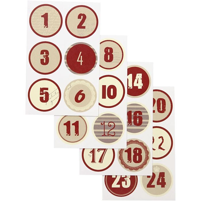 Chiffres autocollant de calendrier de l'Avent, d 4 cm, feuille 9x14 cm, 4flles ass./ 1 Pq.
