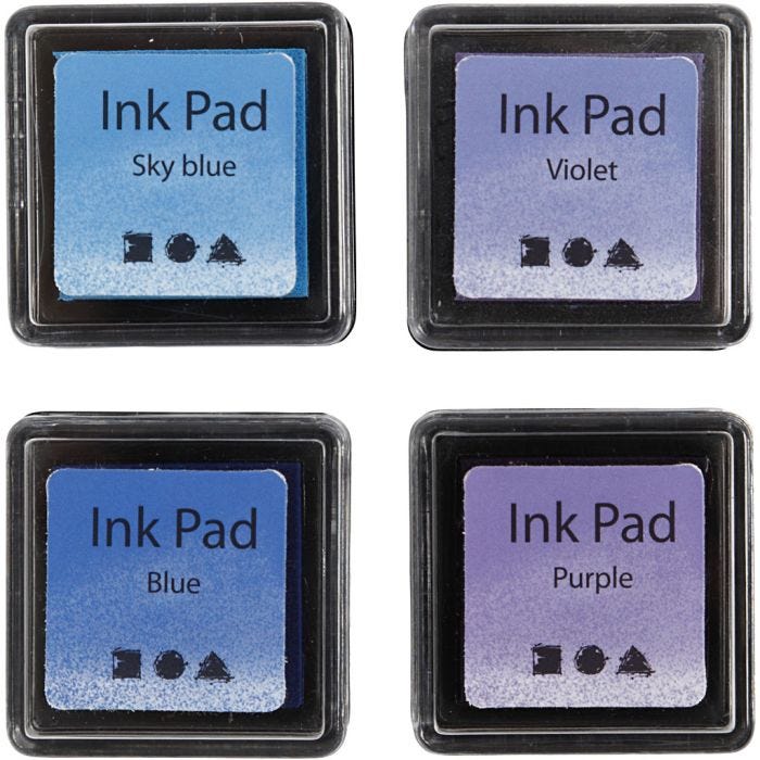 Tampon encreur , H : 2 cm, dim. 3,5x3,5 cm, bleu, bleu ciel, violet, violet, 4pièces/ 1 Pq.