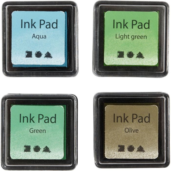 Tampon encreur , H : 2 cm, dim. 3,5x3,5 cm, vert, vert clair, olive, aqua, 4pièces/ 1 Pq.
