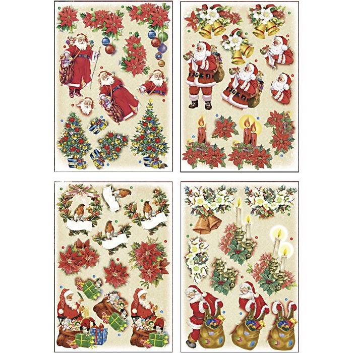 Motifs 3D, Père Noël et Poinsettias, feuille 21x30 cm, 4 flles/ 1 Pq.