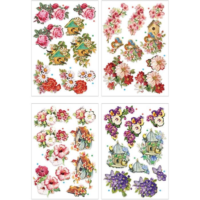Motifs 3D, fleurs et oiseaux, feuille 21x30 cm, 4 flles/ 1 Pq.