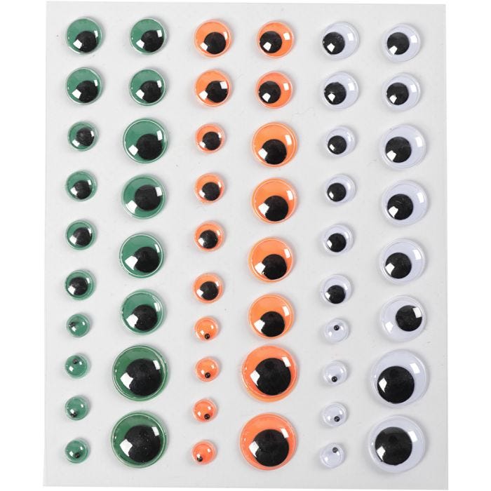 Yeux loucheurs, autocollant, d 6+8+10+12+15 mm, vert, orange, blanc, 54 pièce, 1 flles