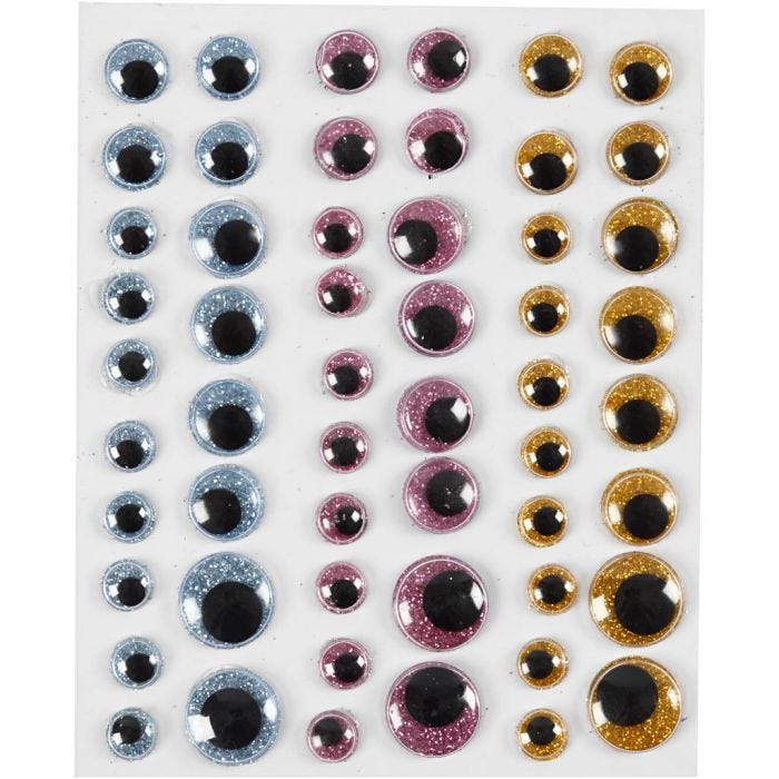 Yeux loucheurs, d 8+10+12+15 mm, bleu clair, or, rouge clair, 54 pièces/ 1 flles