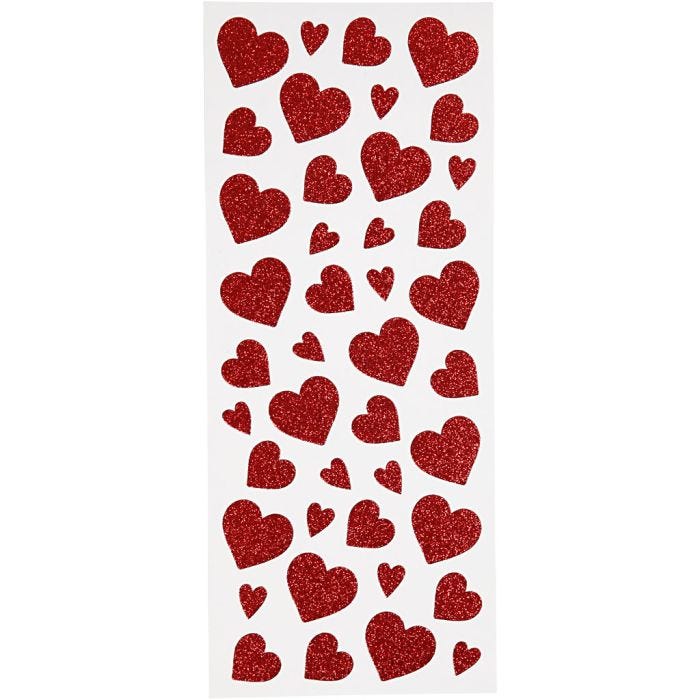 Autocollants scintillants, coeurs, feuille 10x24 cm, rouge, 2flles/ 1 Pq.