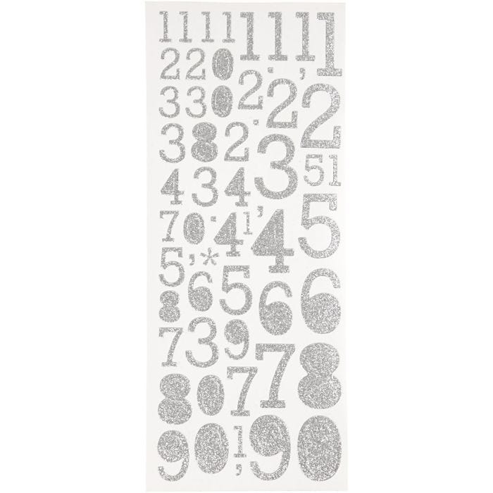 Autocollants scintillants, chiffres, feuille 10x24 cm, argent, 2flles/ 1 Pq.