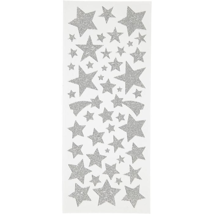 Autocollants scintillants, étoiles, feuille 10x24 cm, argent, 2flles/ 1 Pq.