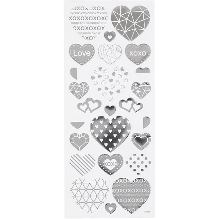 Autocollants, coeurs, feuille 10x24 cm, argent, 1 flles