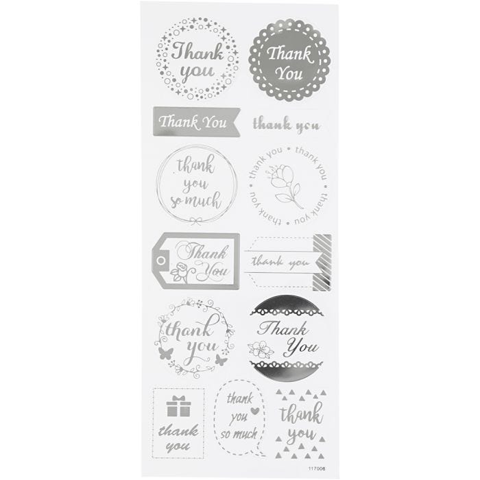 Autocollants étoiles, thank you, feuille 10x24 cm, argent, 1 flles