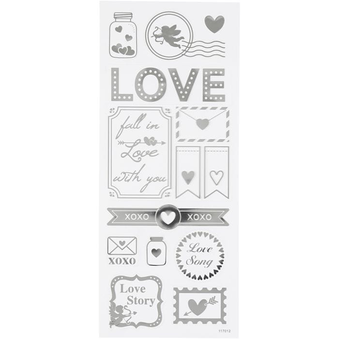Autocollants étoiles, love, feuille 10x24 cm, argent, 1 flles