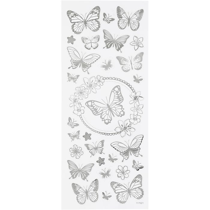Autocollants étoiles, papillons, feuille 10x24 cm, argent, 1 flles