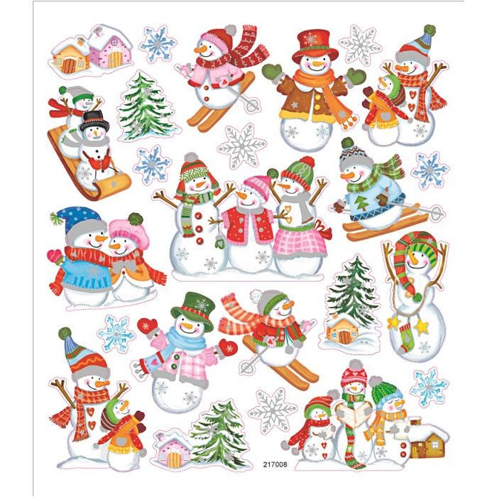 Autocollants, bonhommes de neige au ski, feuille 15x16,5 cm, 1 flles