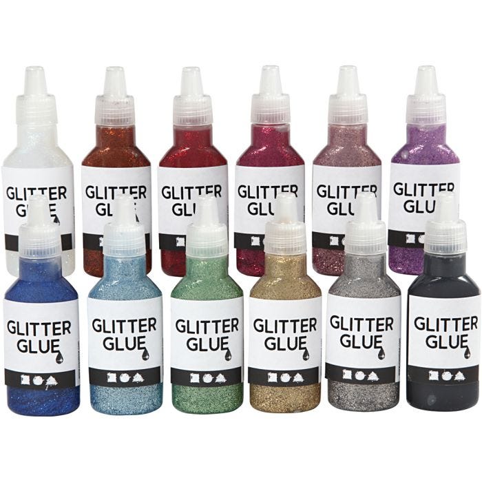 Colle à paillettes, ass. de couleurs, 12x25 ml/ 1 Pq.