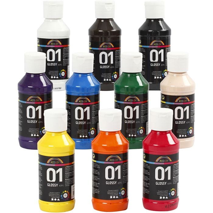 Peinture Acrylique Brillante, ass. de couleurs, 10x100ml/ 1 Pq.