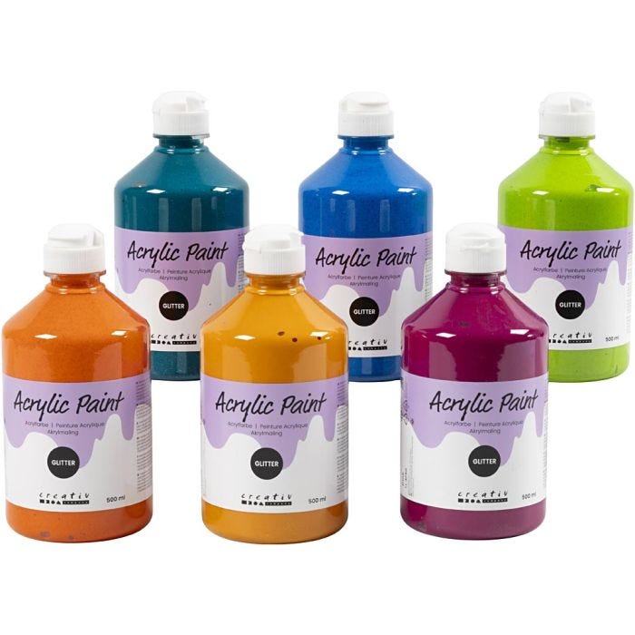 Peinture Acrylique Scintillante, ass. de couleurs, 6x500ml/ 1 Pq.