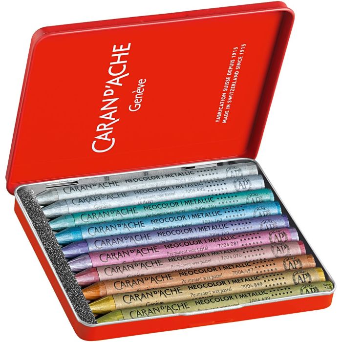 CARAN D’ACHE Caran d'Ache Néocolor 1, L : 10 cm, ép. 8,5 mm, couleurs métalliques, 10 pièces/ 1 Pq.