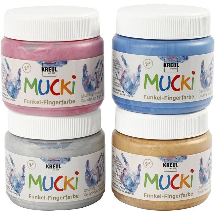 MUCKI Peinture au doigt, bleu métallique, or métallique, rose métallique, argent métallique, 4x150ml/ 1 Pq.