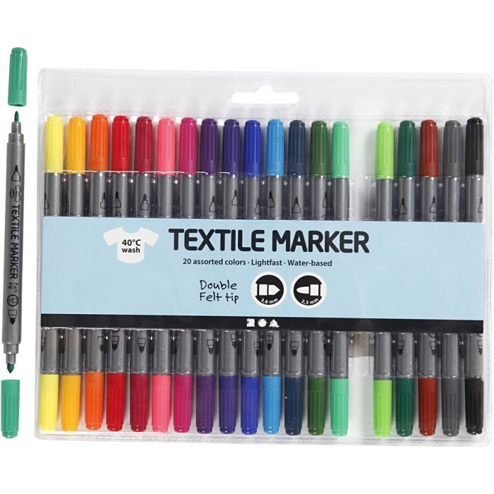 Feutres textiles, trait 2,3+3,6 mm, couleurs classiques, 20pièces/ 1 Pq.