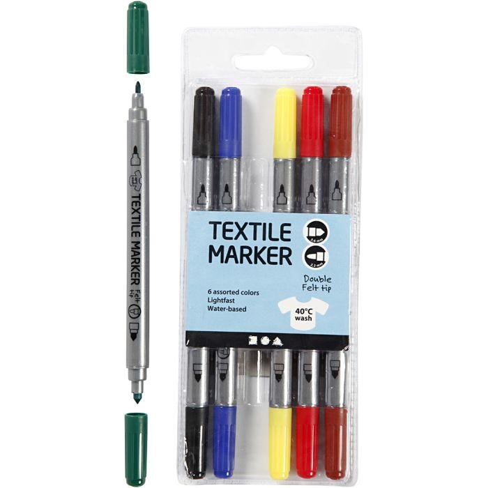 Feutres textiles, trait 2,3+3,6 mm, couleurs classiques, 6pièces/ 1 Pq.